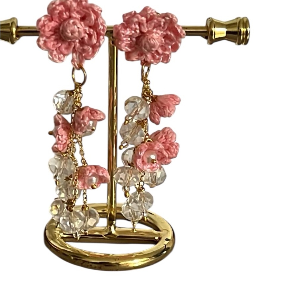 Pink Floral Dangle Earrings handmade crochet